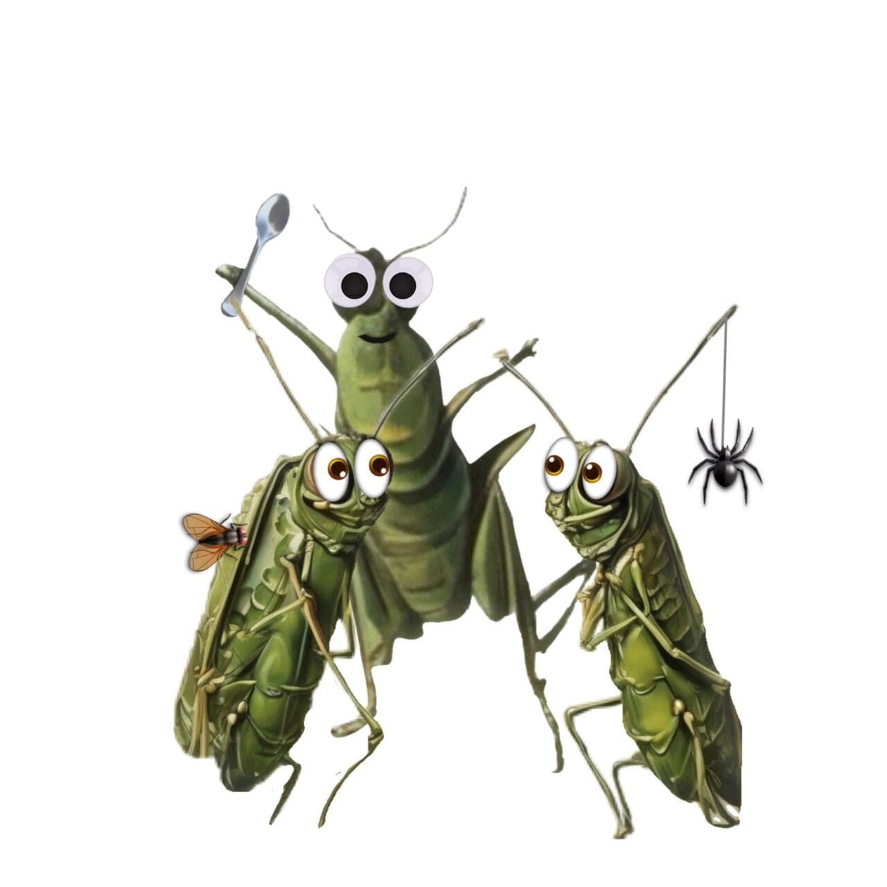 A group of three green bugs with eyes and antennae.