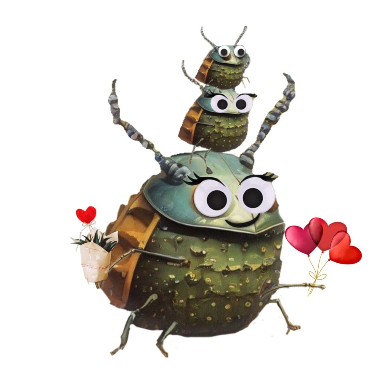 A group of bugs with hearts in the background.