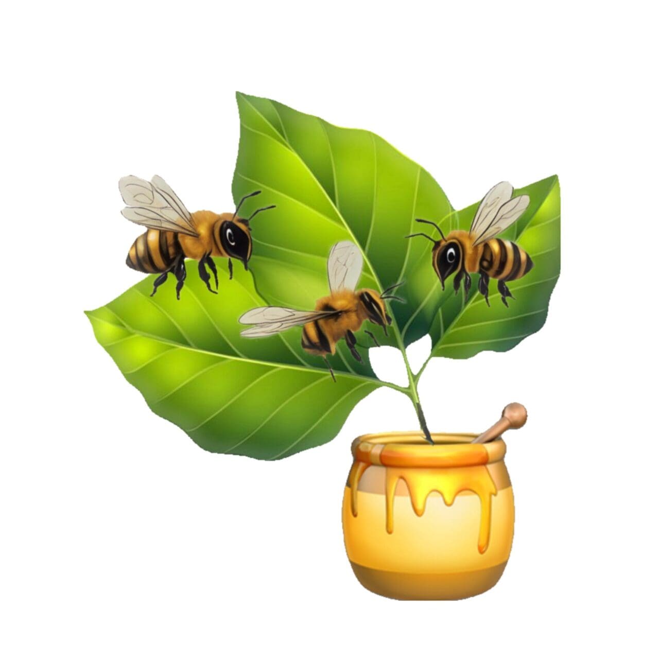 A honey pot with bees on it and leaves