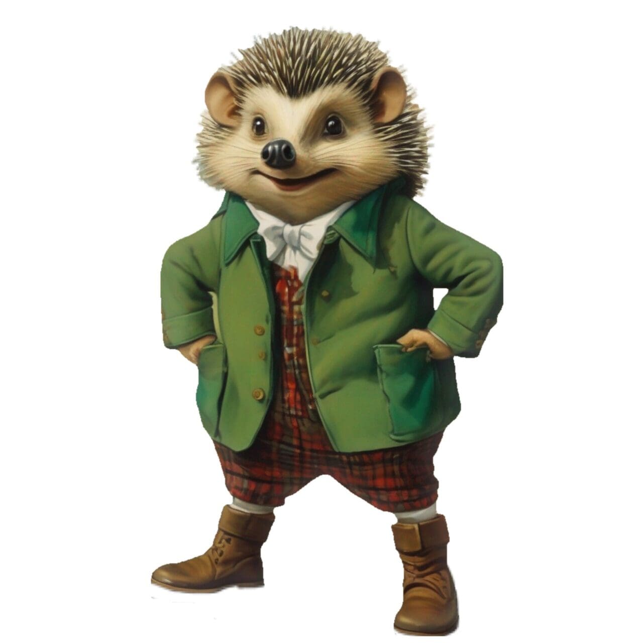 A hedgehog dressed in green and brown clothes.