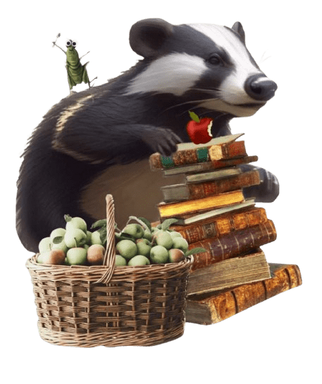 A badger sitting on top of books next to a basket.