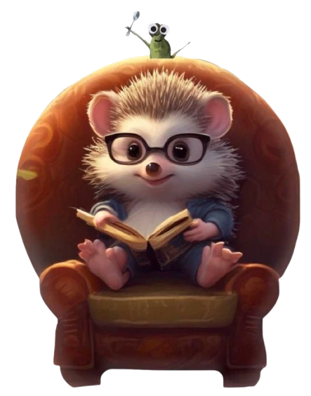 A hedgehog sitting in a chair with an open book.