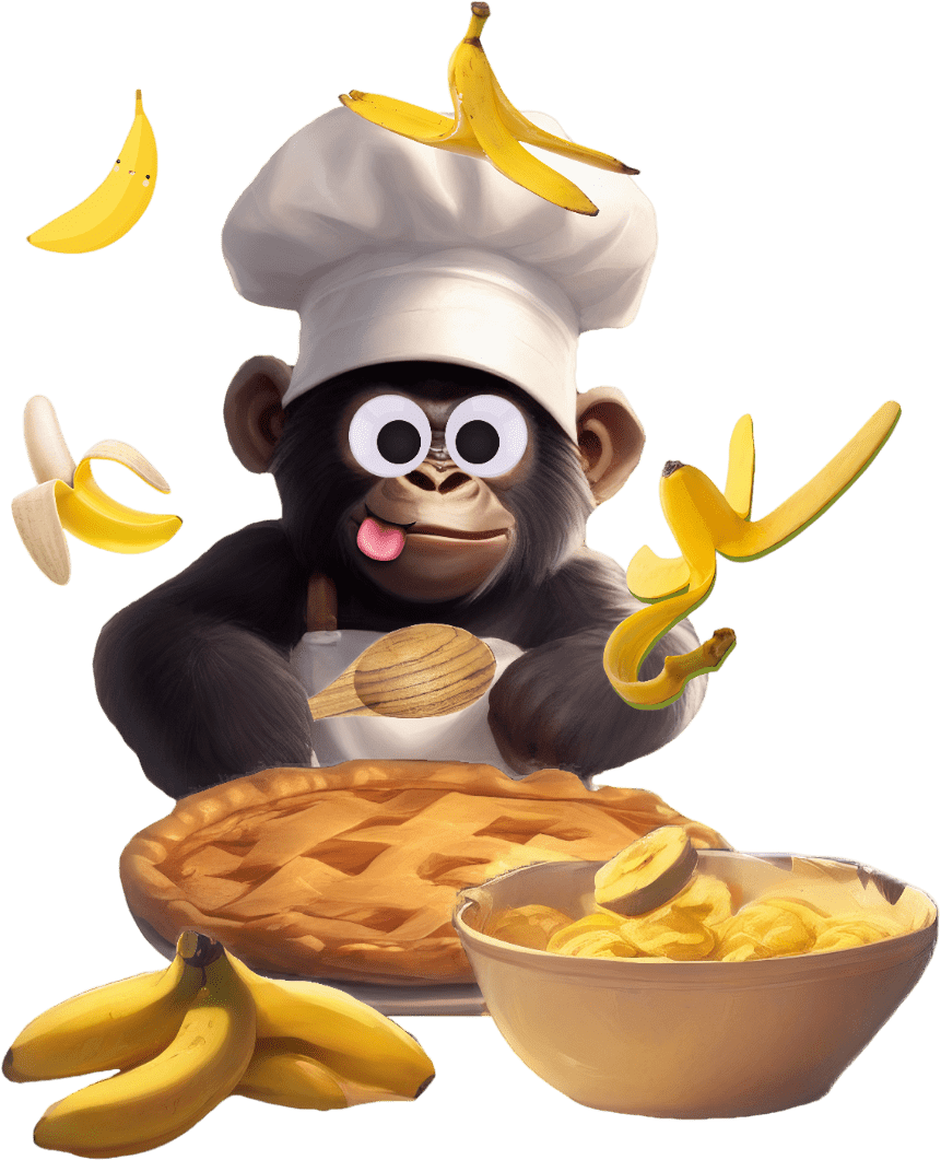 A monkey chef is holding a banana peel and looking at a pie.