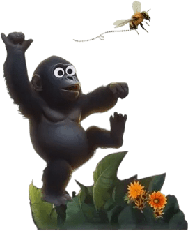 A gorilla and a bee are flying in the air.