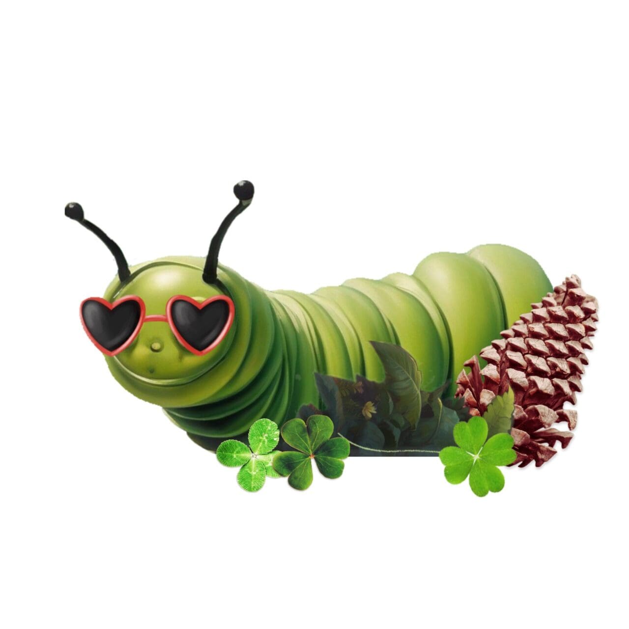 A green caterpillar with sunglasses on it's head.