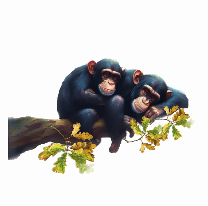 Three monkeys sitting on a branch of a tree.