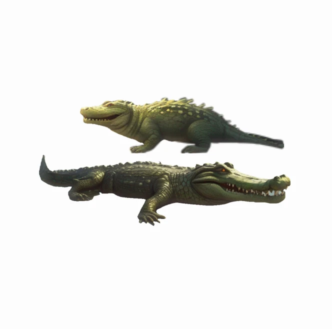 Two small green crocodiles are sitting next to each other.