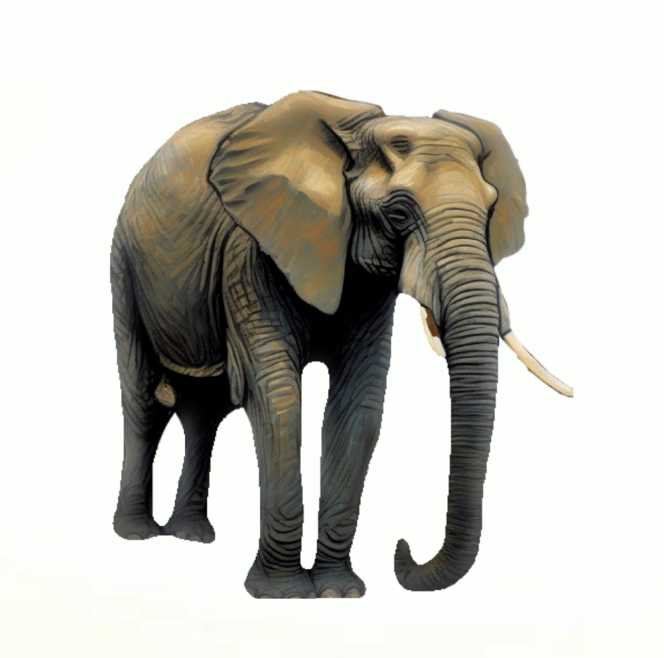 A toy elephant with tusks and trunk raised.