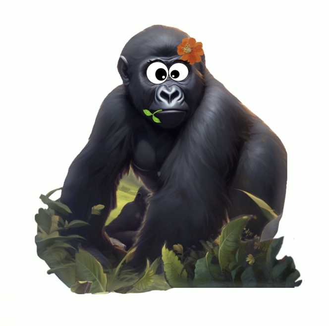 A gorilla with a flower in its hair sitting on some leaves